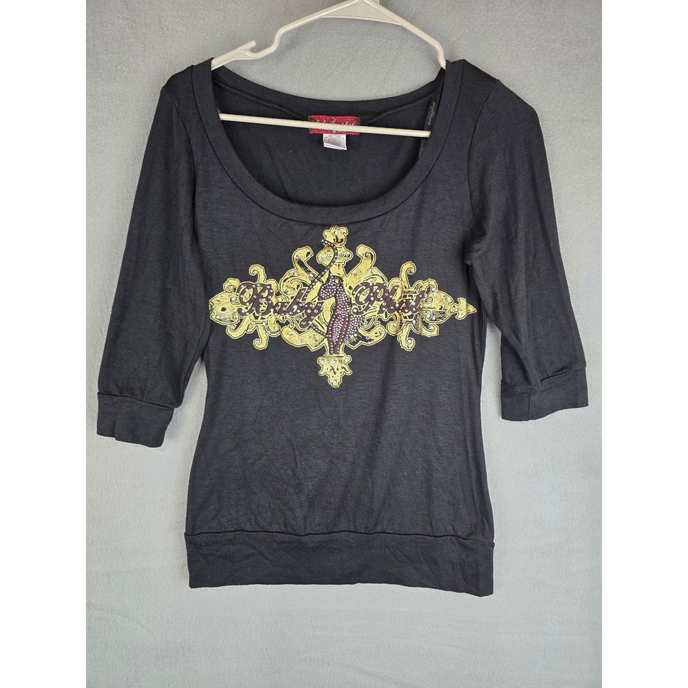 Baby Phat Top Womens Medium Black Graphic Rhinestone Y2K McBling Hip Hop Grunge